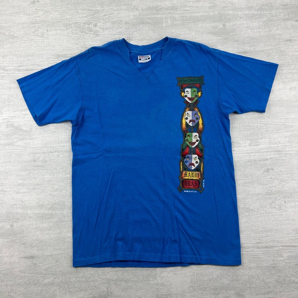 Vintage 90s Mardi Gras Shirt Size Large Blue 1990 New Orleans Festival Carnival
